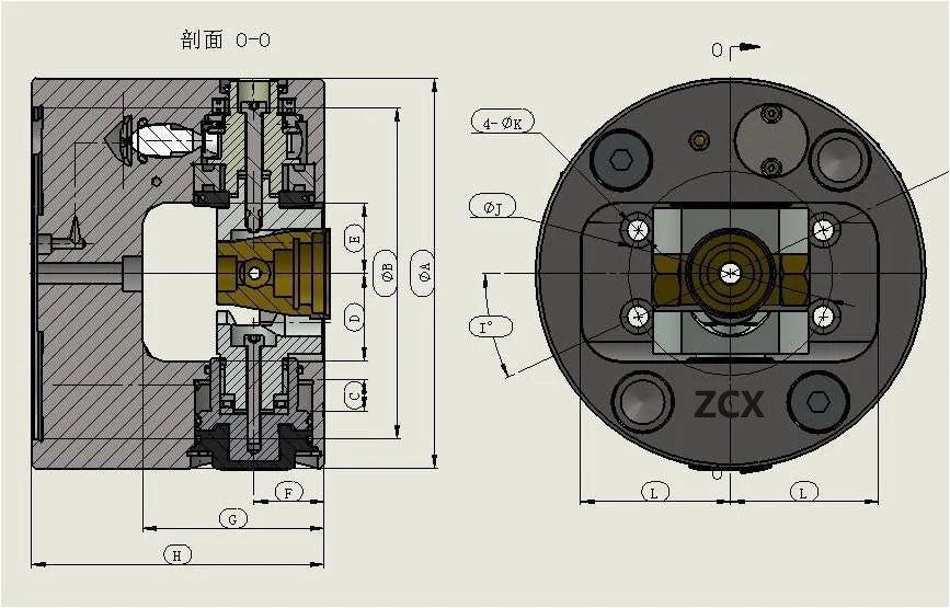 Hydraulic power indexing chuck automatically positioning a cross shaft workpiece