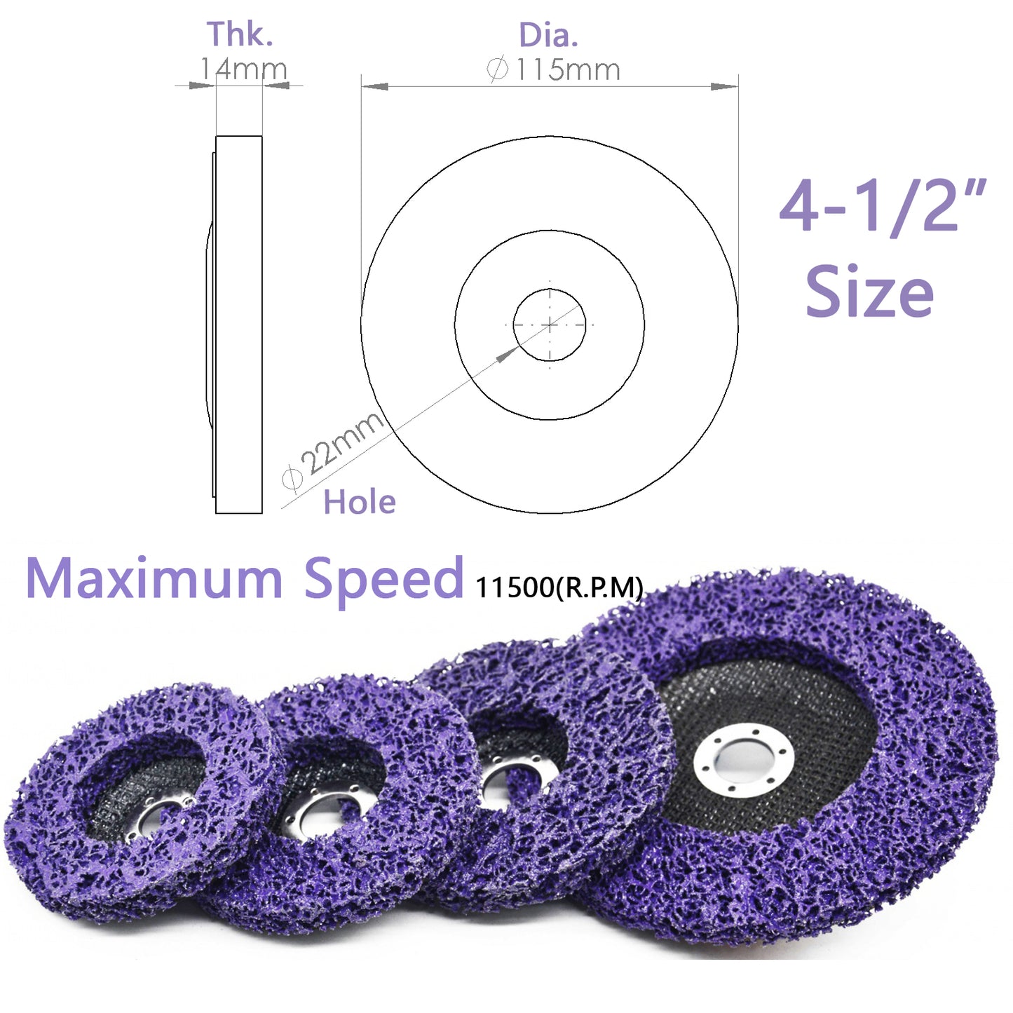 Technical specs for 4-1/2" x 7/8" stripping wheel: 115mm diameter, 22mm arbor hole