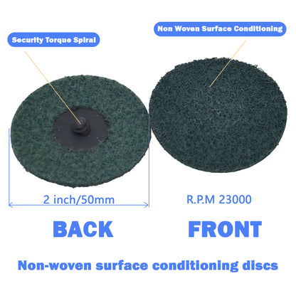 Front and back view of a 2 inch non-woven sanding disc showing the Type-R quick change roll lock backing and 25000 Max RPM