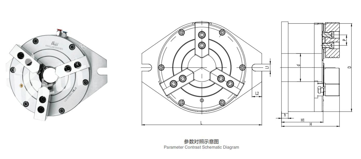 BK250KL | 250 mm 3-Jaw Vertical Through-Hole Pneumatic Chuck dimension drawing