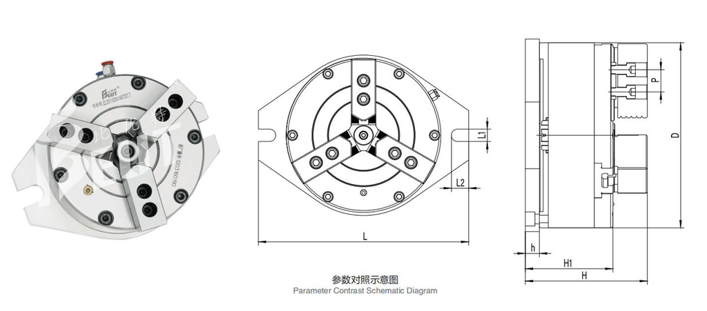 BK160SL | 160 mm 3-Jaw Vertical Solid Pneumatic Chuck dimension drawing