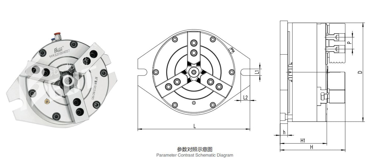 BK320SL | 320 mm 3-Jaw Vertical Solid Pneumatic Chuck dimension drawing
