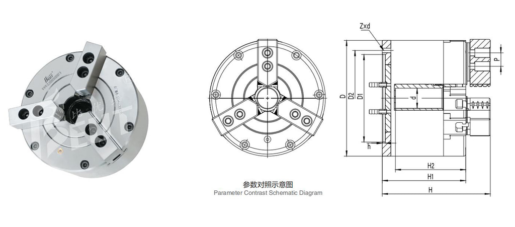 BK250KQ | 250 mm 3-Jaw Semi-Through-Hole Pneumatic Chuck dimension drawing