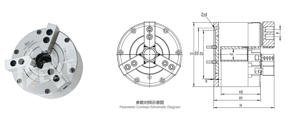 BK200KQ | 200 mm 3-Jaw Semi-Through-Hole Pneumatic Chuck dimension drawing