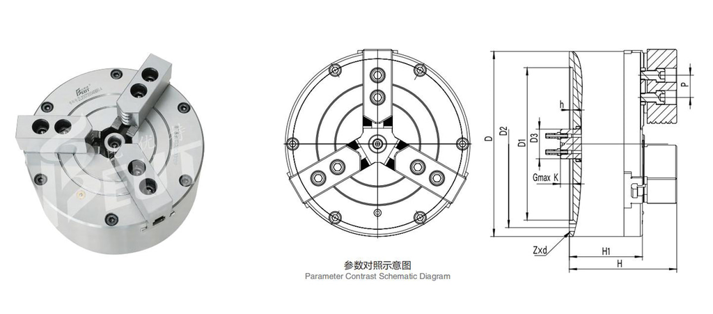 BK400SQ | 400 mm 3-Jaw Solid Pneumatic Chuck dimension drawing