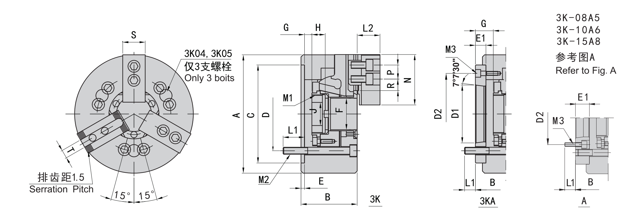 3K-15 A11 | 15 in 3-Jaw Hollow Hydraulic Power Chuck, A11 Mount dimension drawing