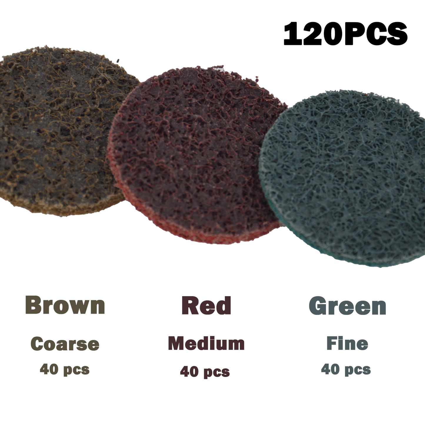 120 pack of 2 inch surface conditioning discs including 40 brown coarse, 40 red medium, and 40 green fine pads