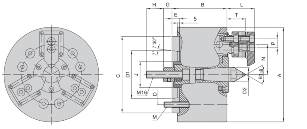 3BD-06 | 6 in Compensating Hydraulic Chuck with Floating Jaws, A5 Mount