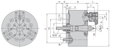 3BD-06 | 6 in Compensating Hydraulic Chuck with Floating Jaws, A5 Mount