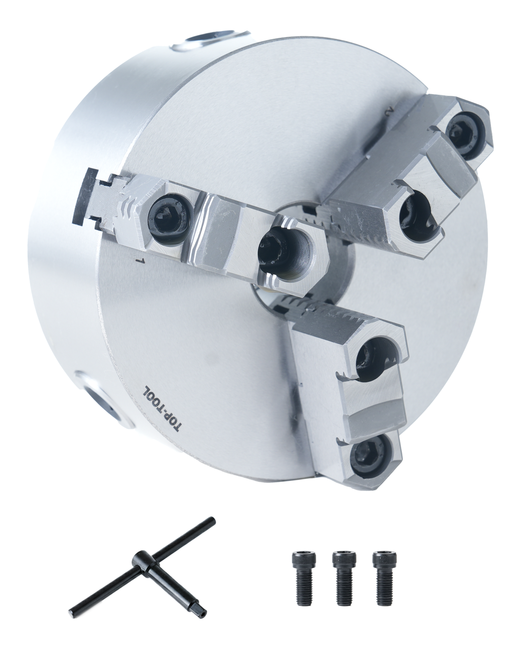 TOP-TOOL Professional 3-Jaw Self-Centering Lathe Chuck, 630mm / 25-Inch, Clamping Range 50–630 mm (1.97–24.80 in), Two-Piece Jaws (Master + Reversible Top Jaws), Pre-Mounted Set, T-Key, Plain Back