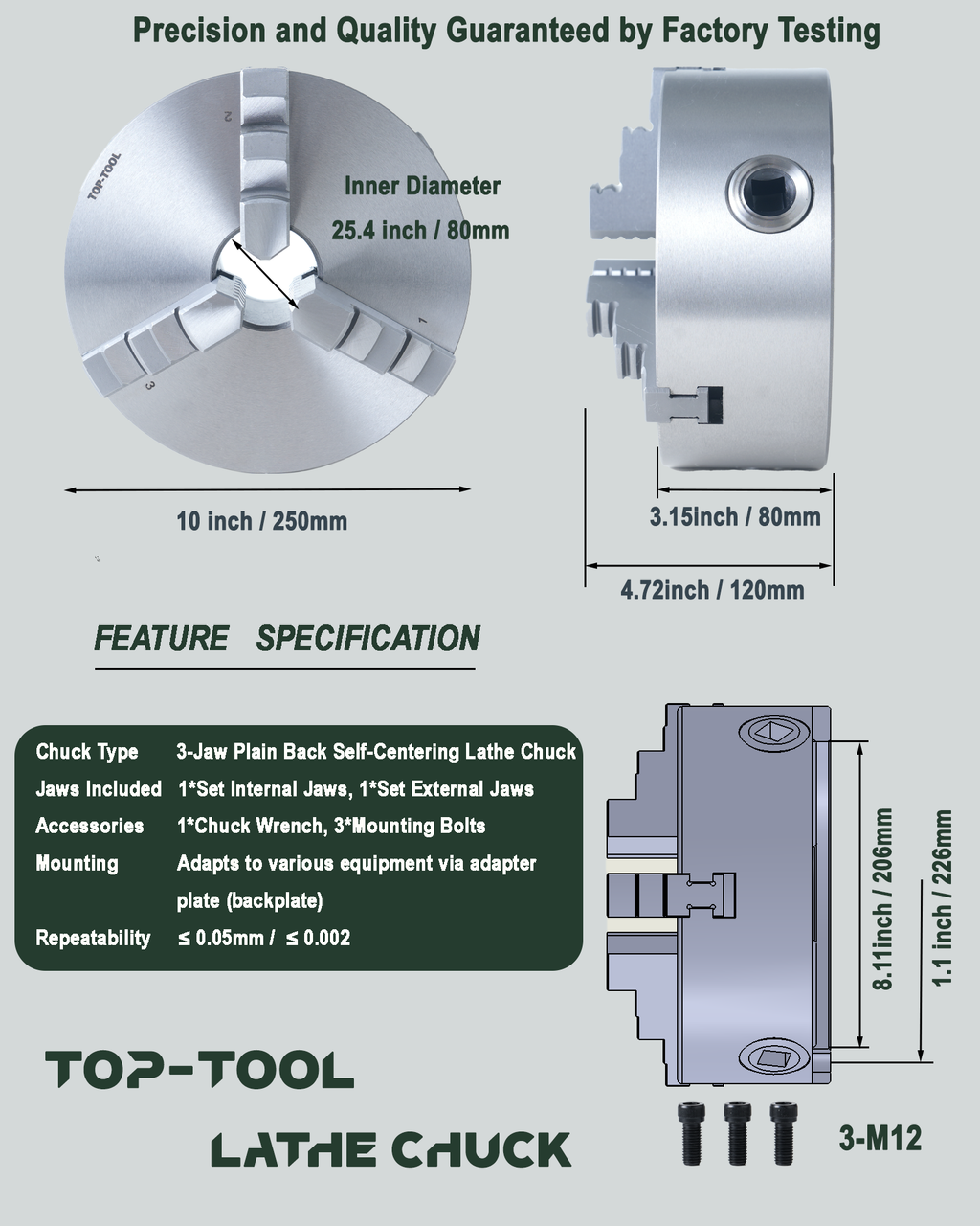 TOP-TOOL Professional 3-Jaw Self-Centering Lathe Chuck, 250mm / 10-Inch, Clamping Range 6–250 mm (0.24–9.84 in), Solid One-Piece Jaws, Outside Jaws Mounted + Inside Jaw Set, T-Key, Plain Back