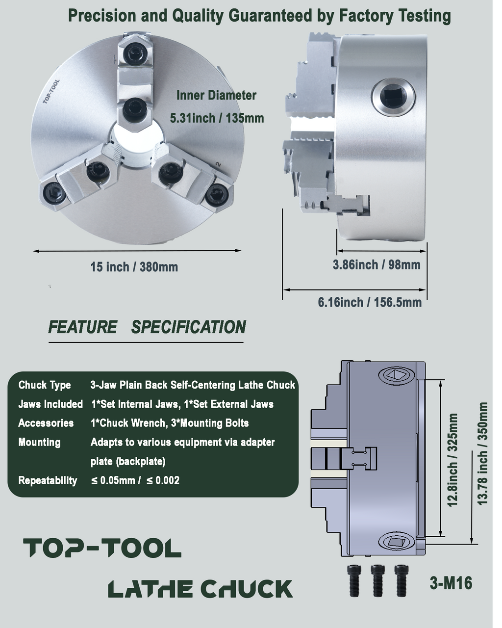 TOP-TOOL Professional 3-Jaw Self-Centering Lathe Chuck, 380mm / 15-Inch, Clamping Range 11.5–400 mm (0.45–15.75 in), Two-Piece Jaws (Master + Reversible Top Jaws), Pre-Mounted Set, T-Key, Plain Back