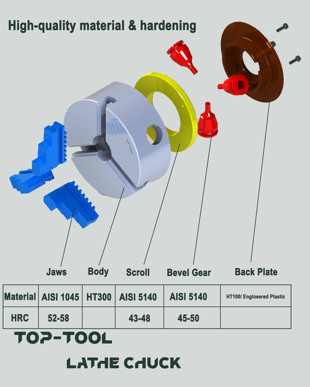 TOP-TOOL 160mm lathe chuck with T-key for easy adjustment