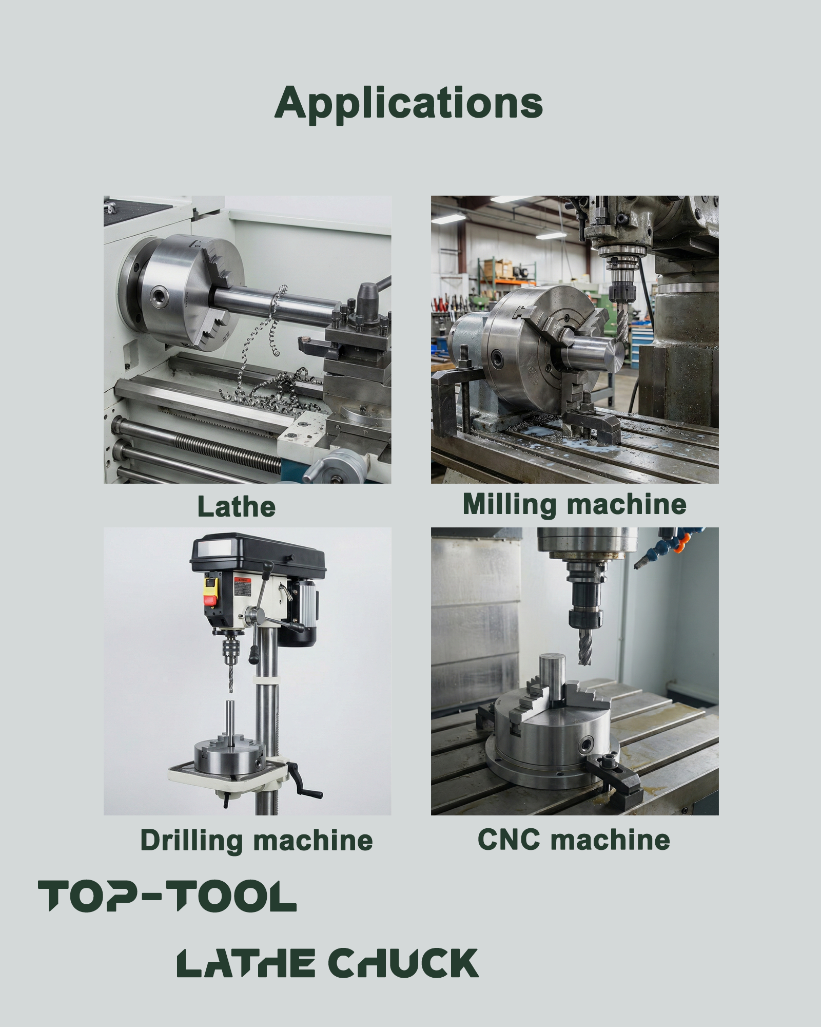 Components of TOP-TOOL Lathe Chuck: Body, Internal Jaws, External Jaws, T-Key