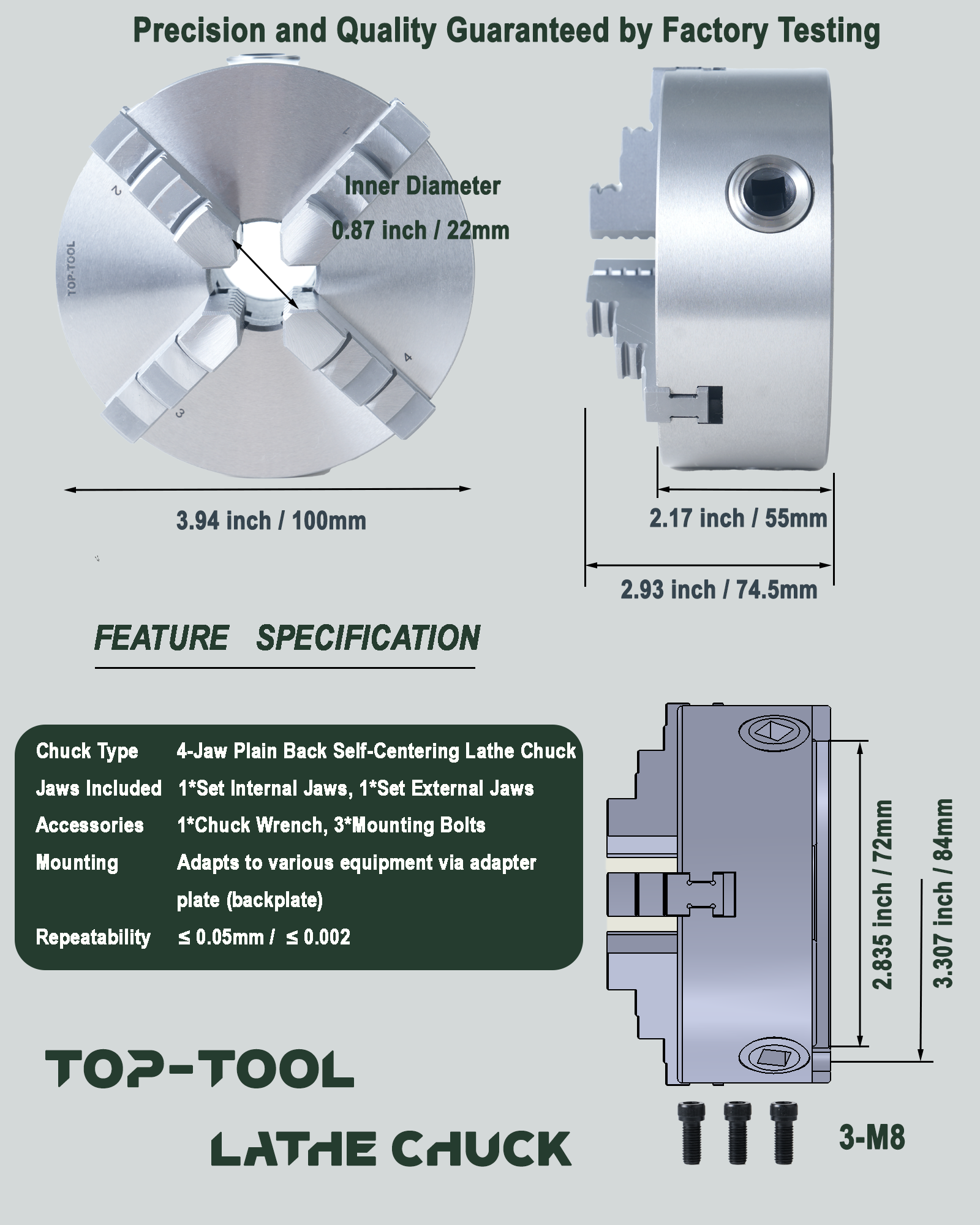 TOP-TOOL Professional 4-Jaw Self-Centering Lathe Chuck, 100mm/4-inch, Cast Iron Construction, 2-80mm Clamping Range with Internal External Jaws and T-Key