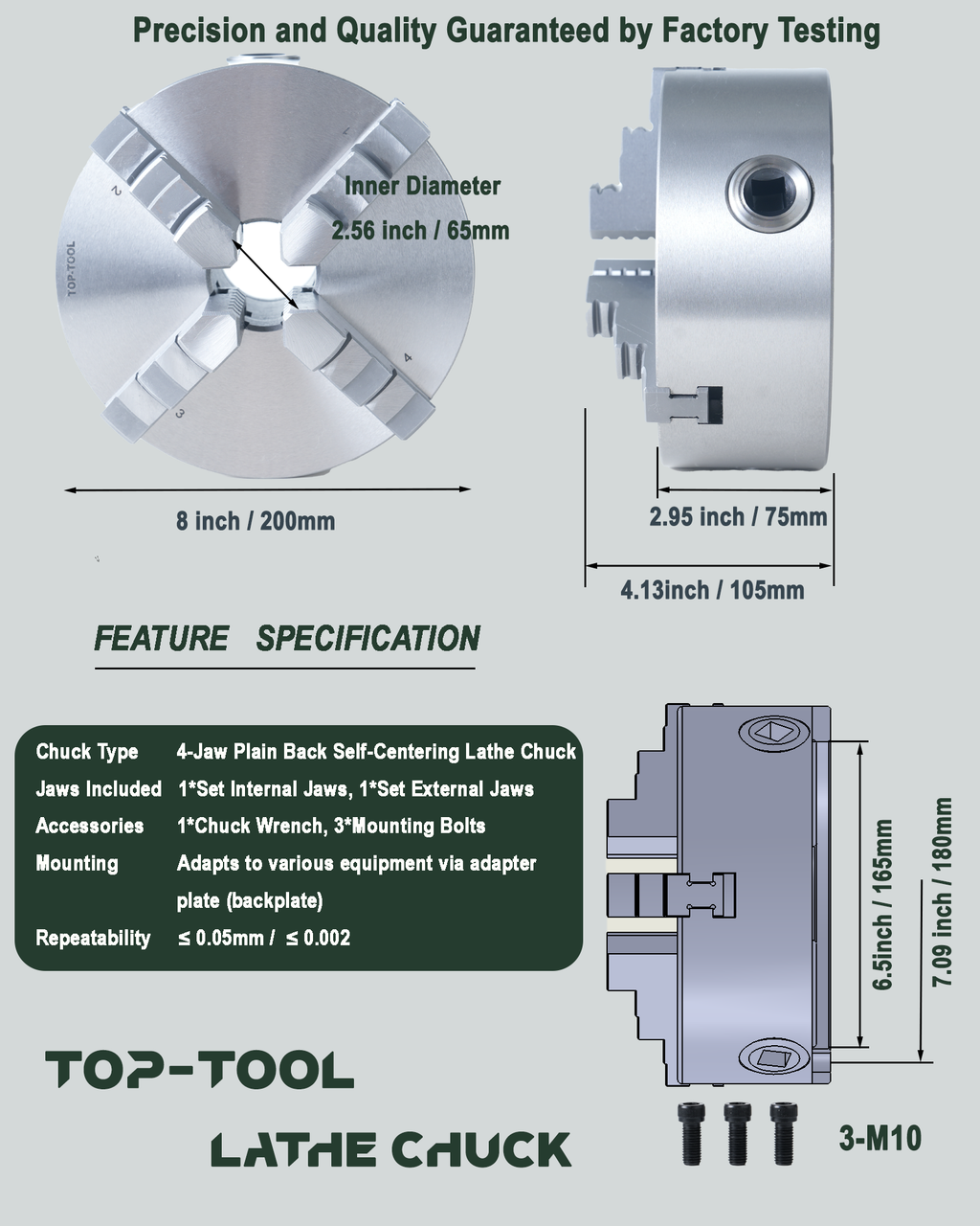 TOP-TOOL Professional 4-Jaw Self-Centering Lathe Chuck, 200mm / 8-Inch, Clamping Range 4–200 mm (0.16–7.87 in), Solid One-Piece Jaws, Outside Jaws Mounted + Inside Jaw Set, T-Key, Plain Back