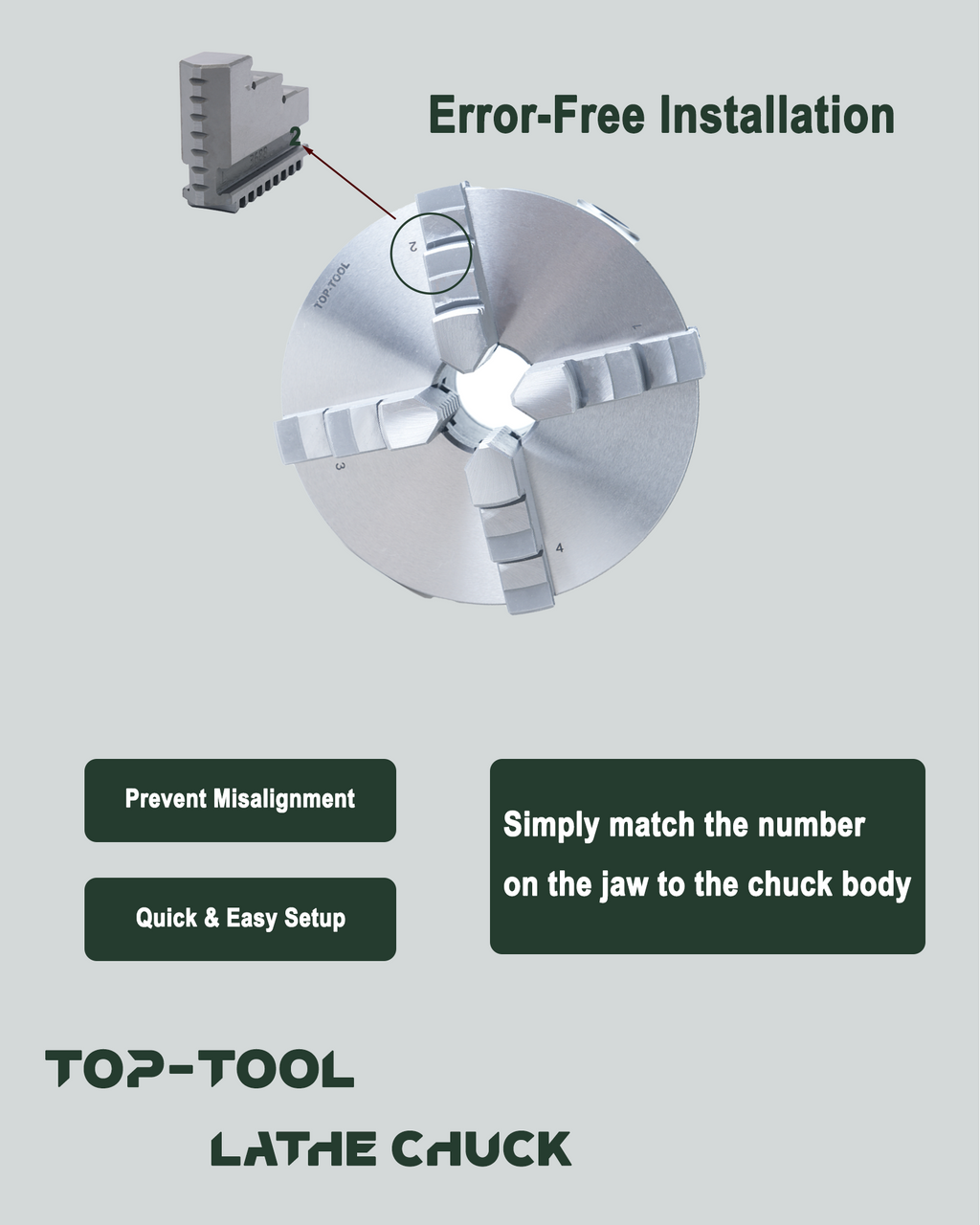 TOP-TOOL Professional 4-Jaw Self-Centering Lathe Chuck, 200mm / 8-Inch, Clamping Range 4–200 mm (0.16–7.87 in), Solid One-Piece Jaws, Outside Jaws Mounted + Inside Jaw Set, T-Key, Plain Back