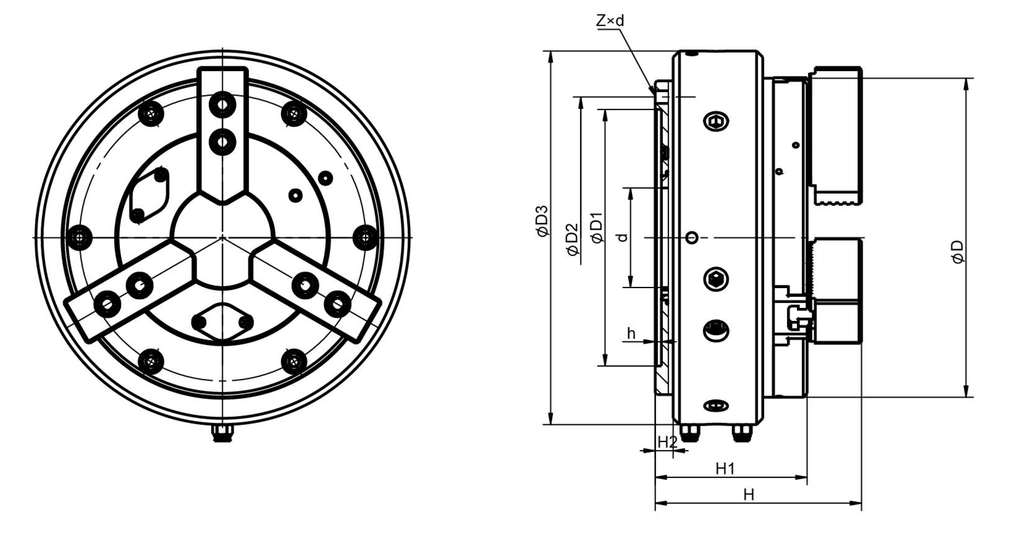 BK250TK | 250 mm Front-Mounted Through-Hole Pneumatic Chuck dimension drawing