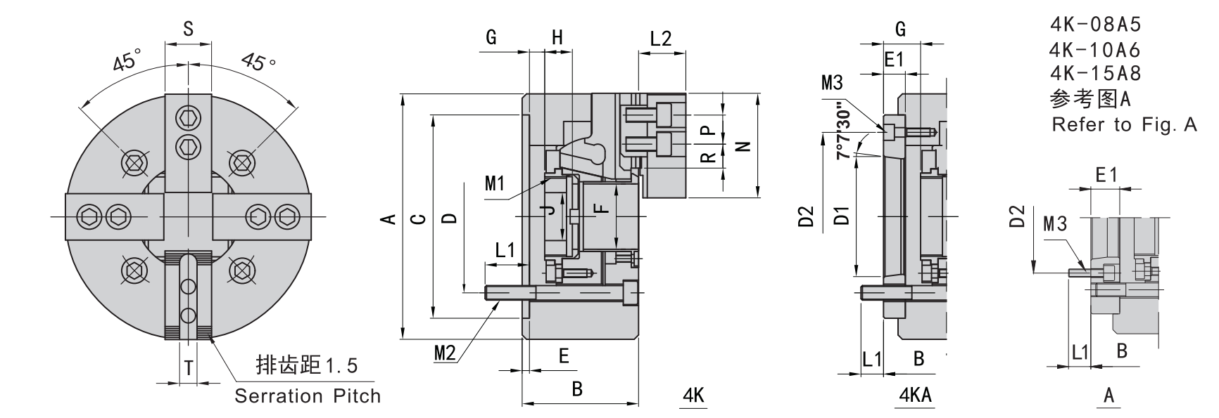 4K-10 A8 | 10 in 4-Jaw Hollow Hydraulic Power Chuck, A8 Mount dimension drawing