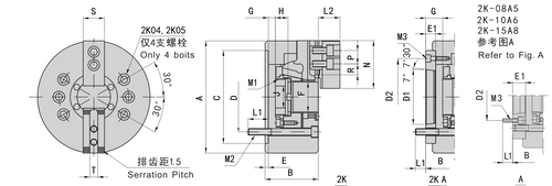 2K-04 | 4 in 2-Jaw Hollow Hydraulic Power Chuck, Plain Back dimension drawing