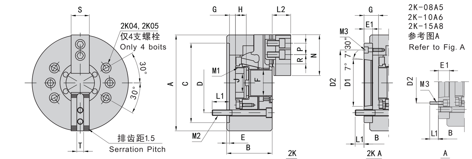 2K-10 A8 | 10 in 2-Jaw Hollow Hydraulic Power Chuck, A8 Mount dimension drawing