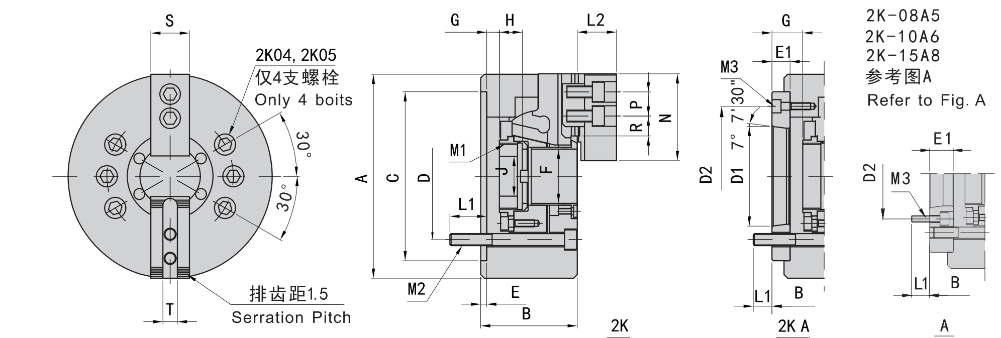 2K-08 A6 | 8 in 2-Jaw Hollow Hydraulic Power Chuck, A6 Mount dimension drawing