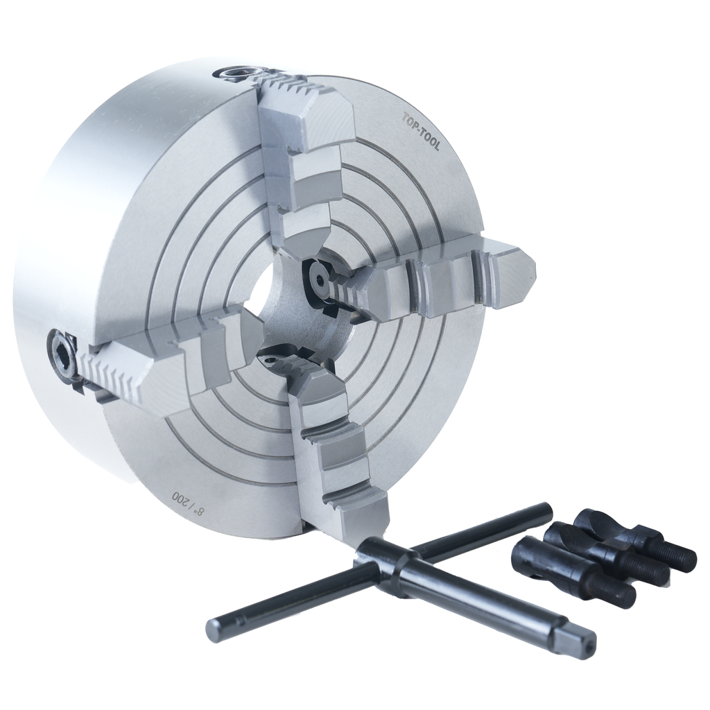 TOP-TOOL 125mm / 5-Inch 4-Jaw Independent Lathe Chuck, Plain Back, Clamping Range 7–125 mm (0.28–4.92 in), T-Key