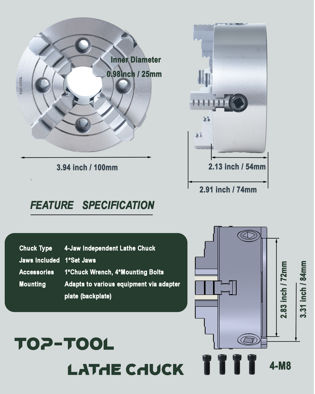 TOP-TOOL 100mm / 4-Inch 4-Jaw Independent Lathe Chuck, Plain Back, Clamping Range 6–100 mm (0.24–3.94 in), T-Key