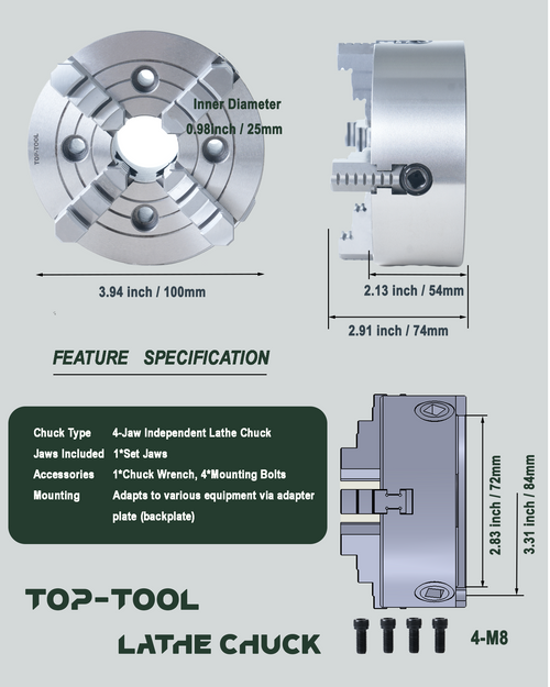 TOP-TOOL 100mm / 4-Inch 4-Jaw Independent Lathe Chuck, Plain Back, Clamping Range 6–100 mm (0.24–3.94 in), T-Key
