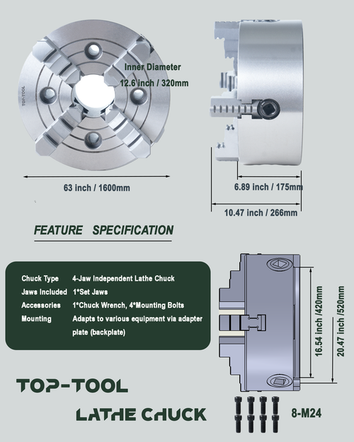 TOP-TOOL 1600mm /63-Inch 4-Jaw Independent Lathe Chuck, Plain Back, Clamping Range 250–1600 mm (9.84–62.99 in), T-Key