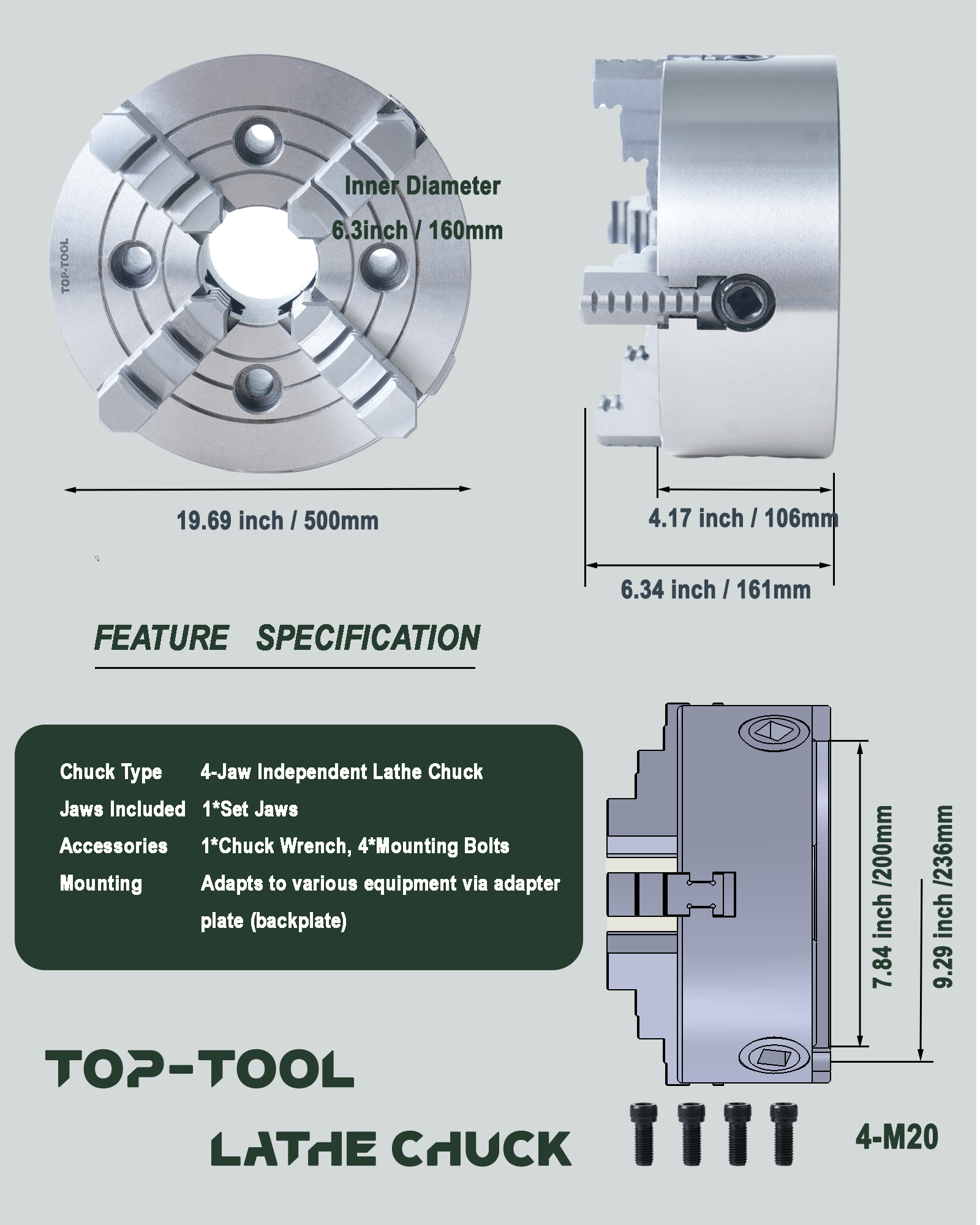 TOP-TOOL 500mm / 20-Inch 4-Jaw Independent Lathe Chuck, Plain Back, Clamping Range 35–500 mm (1.38–19.69 in), T-Key