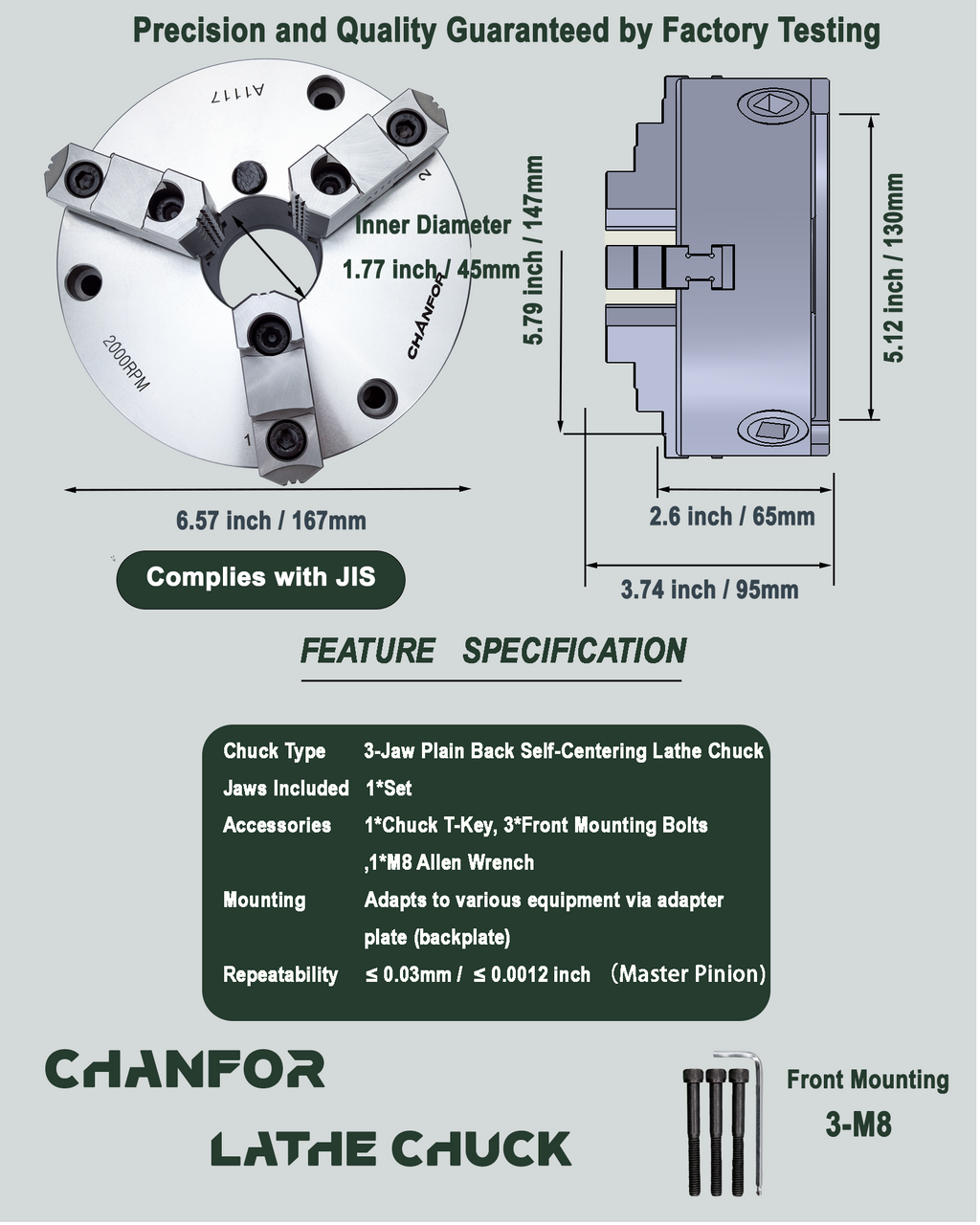 CHANFOR SK-06 6 in 3 Jaw Lathe Chuck, JIS Standard Self-Centering Manual Scroll Chuck, Front Mounting Bolt Design, <=0.03 mm Repeatability,2000 RPM for CNC Lathe & 4th Axis