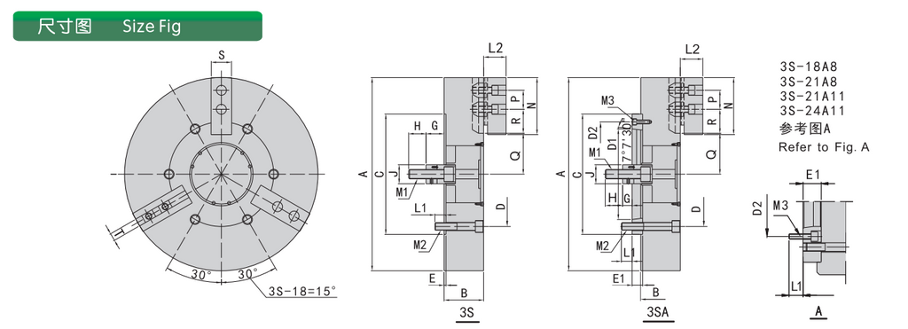 3S-18 A11 | 18 in 3-Jaw Solid Hydraulic Power Chuck, A11 Mount dimension drawing
