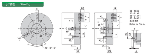 3S-24 A15 | 24 in 3-Jaw Solid Hydraulic Power Chuck, A15 Mount dimension drawing
