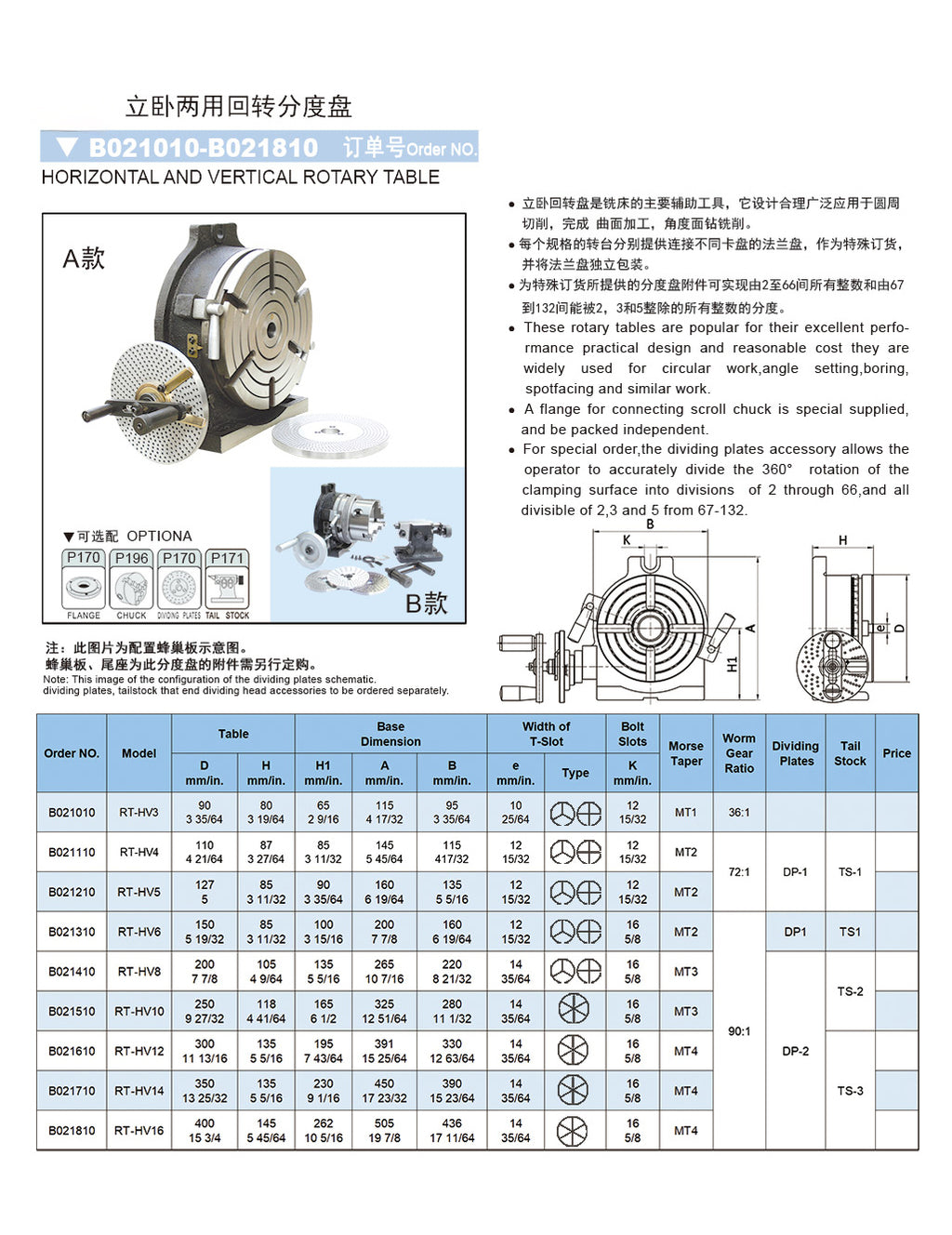 RT-HV3 horizontal and vertical rotary table for milling indexing setup